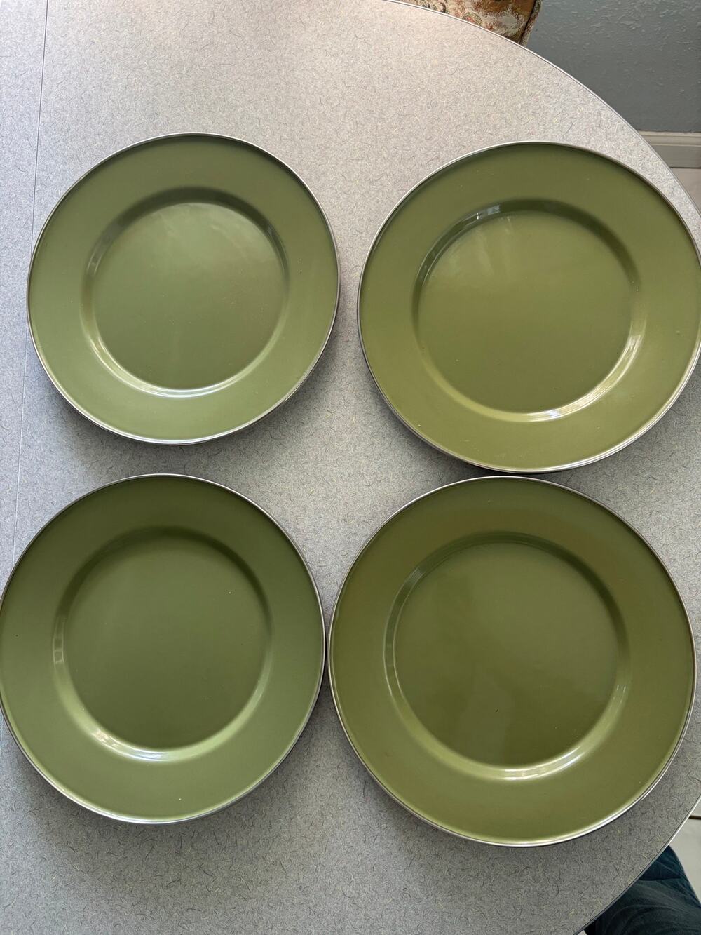 Set of 4 Crate and Barrel Enamelware Dinner Plates Sage Green